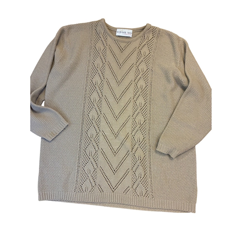 Bedford Fair Vintage Tan Pointelle Chevron Knit Sweater Crew Neck Beige